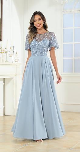 Sequin Mother of The Bride Dresses with Sleeves Pockets for Women Lace Applique Ruffles Pleated Wedding Guest Gown2