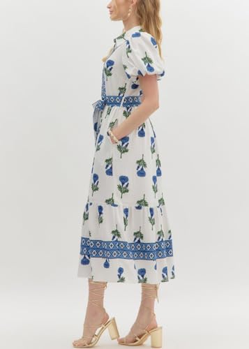 Image of Women Patchwork Dress Y2k Floral Puff Short Sleeve Maxi Dress Summer Boho Smocked Tiered Ruffle Beach Sundress