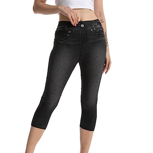 Capri Leggings for Women Jean Look Jeggings Super Comfy Stretch High Waisted Denim Skinny Pull-On Capri Pants Tights