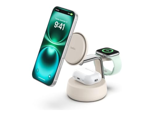 Belkin UltraCharge Pro 3 en 1 Chargeur Induction Qi2 25W, Station de Charge pour iPhone 17, iPhone Air, Apple Watch, AirPods, Pixelsnap, Compatible avec MagSafe avec Ventilateur, Chargeur 45W - Beige