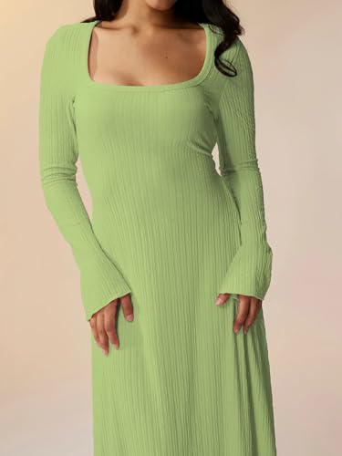 Image of Shasmi Women's Square Neck A-Line Dress - Long Sleeve, Tie Waist, Knitted Stretchable, Casual & Office Outfit, Solid Winter Midi Dress for Women (Dress 221)
