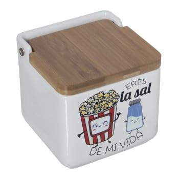 TIENDA EURASIA® Saleros de Cocina con Tapa Originales - Cerámica con Tapa - 12x12x12cm (Sal DE MI Vida Palomitas)