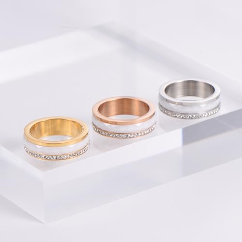 PAMTIER Unisex Ceramic Stainless Steel Personality Classic Simple Rhombic Cut Rhinestones Crystal Inlay Couple Ring Matching Set Wedding Band2