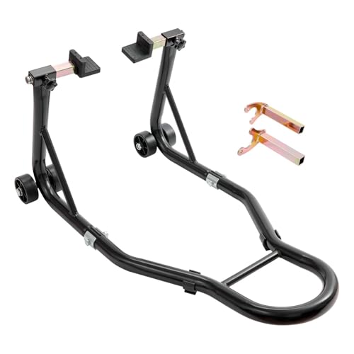 SATKIT Soporte Elevador Rueda Trasera Moto 385 kg Ajustable Acero Anticorrosión con Adaptadores U y L 4 Ruedas PP 75mm