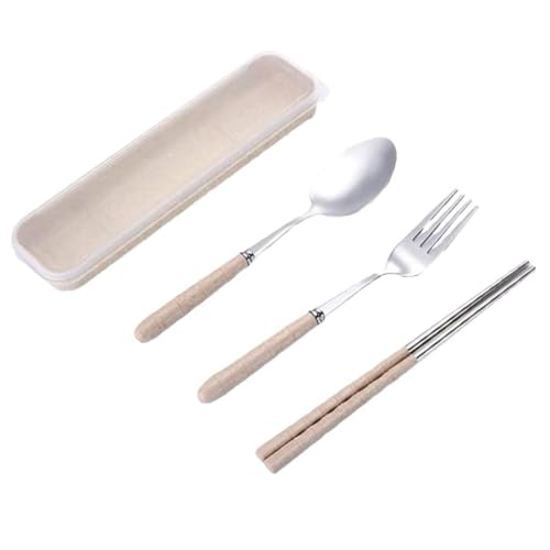 Image of Favria 3 Piece Stainless Steel Spoon,Fork and Chopstick Portable Travel Spoon Box Anti Slip Cutlery Set for Office Lunch Box,Travel, School,Picnics,Camping and Outdoor Home Utensil Set (Beige)
