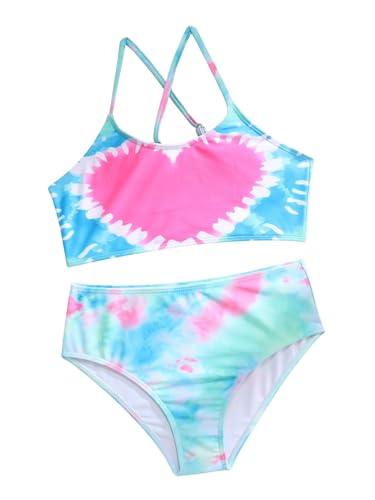 Image of WDIRARA Girl's Tie Dye Heart Print Bikini Set 2 Piece Swimsuits Spaghetti Strap Bathing Suits