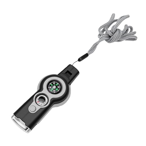 Dilwe Sifflet d'urgence, Sifflet de sécurité Multifonctionnel 7 en 1 avec Boussole Thermomètre Lampe de Poche pour L'extérieur