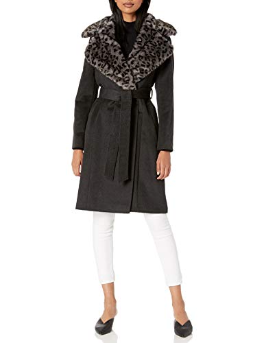 VIA SPIGA Women's Single Breasted Wool Maxi Jacket W/Faux-Fur Collar, Grey, Large