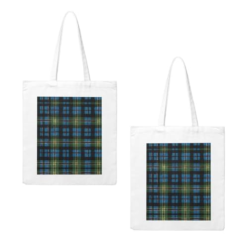 Blue And Green Scottish Tartan Print Canvas Shopping Bag Large Capacity Handbag For Books, Mobiles, And More2