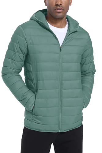 TACVASEN Men's Lightweight Quilted Jacket Hooded Insulated Padded Jackets Warm Windproof Down Coat for Hiking Travelling Grey Green,2XL