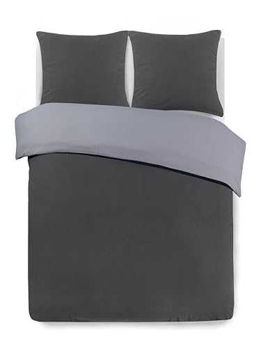 Vision - Parure de lit Réversible - 100% Coton Flanelle - Gris/Anthracite - Set de Housse de Couette 200 x 200 cm avec 2 taies d'oreiller pour lit 2 Personnes...