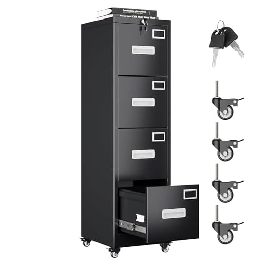 Aobabo 4 Drawer File Cabinet with Wheels, Lockable Metal Filing Cabinet with Name Card for Office and Home,Assembly Required,Black