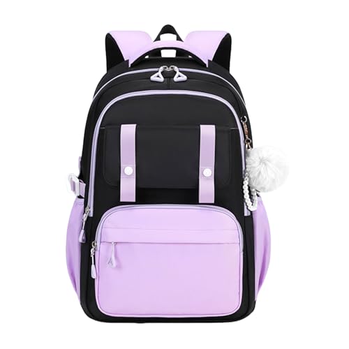 TYHOTULY Cute Backpack for Girls, Large Capacity Kids Bookbag for Elementary Middle School Students Waterproof Kawaii Preppy Aesthetic Plaid Backpack Age 4-16 with Cute Accessories (Black Purple)
