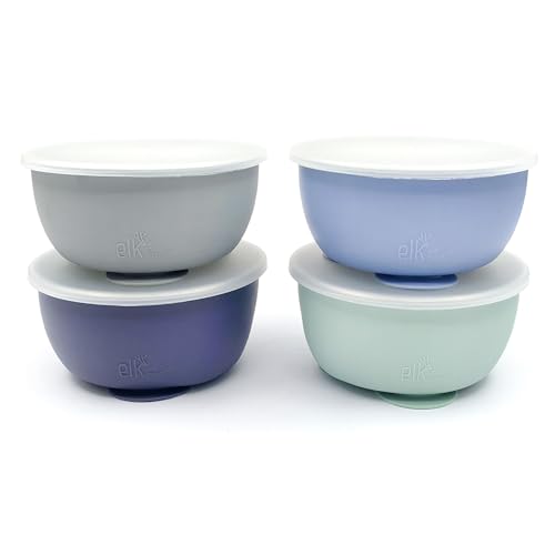 Image of Elk and Friends Stainless Steel Bowls with Silicone Sleeve for Babies & Toddlers | Lids Included | Stay Put Suction | Cereal & Snack Bowls | 4 Pack