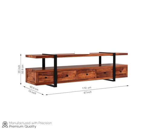 Image of Rustic Sheesham Wood & Metal TV Unit with 5 Drawers, 1 Shelf, and Storage for up to 70-inch TV - Perfect for Your Living Room (Arsenal, Honey Finish)