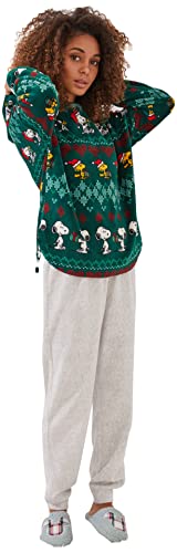 Women'secret Pijama Largo De Sudadera con Capucha Y Pantalón Skinny En Tejido Polar Y Estampado Navideño Acompañado De Snoopy, Verde, L para Mujer