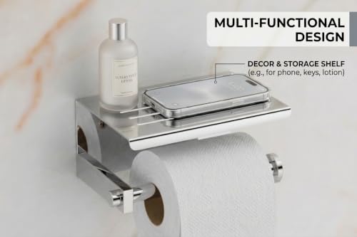 Image of Premium Stainless Steel Toilet Paper Holder with Mobile Phone Storage Shelf | Wall-Mounted Bathroom Tissue Roll Dispenser with Decor Tray | Chrome Finish Rustproof Organizer (Square CH44)