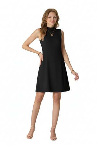 Image of HiMONE Womens Mock Neck Mini Dress Sleeveless A Line Swing with Pockets