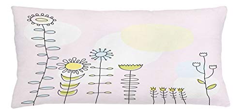 Lunarable Farm Throw Pillow Cushion Cover, Sunflower Tulips Daisy Field Sun Nature Childish Cartoon Design, Decorative Rectangle Accent Pillow Case, 36