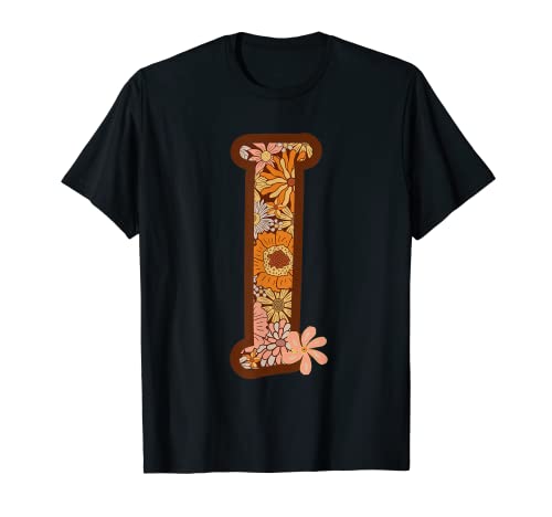 Retro Boho Groovy Floral Letter I Initial Monogrammed Daisy T-Shirt