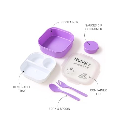 Image of Plastic Lunch Box with Transparent Lid & Bottle, 3 Compartment Leak Proof Lunch Box Set with Spoon, Fork & Sauce Cup for Office, School & Travel
