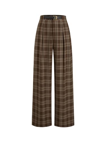 CIDER Wide Leg Pants Woman Mid Waist Checks Pocket Wide Leg Trousers with Belt Casual Plaid Long Pants