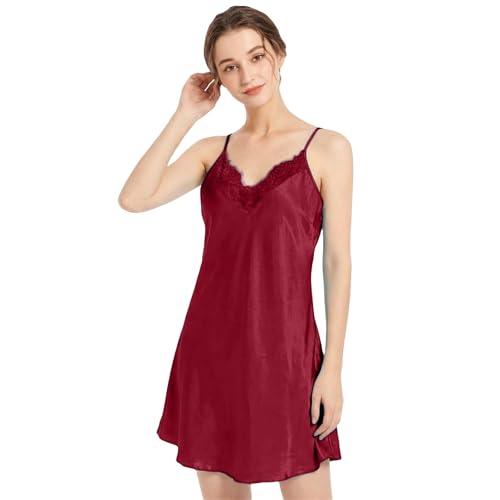 Generisch Camisón de satén de verano con ribete de encaje, vestido de dormir, sexy, negligee con cuello en V, ropa de noche, vestido de noche, tirantes delgados, minivestido urbano, elegante ropa de