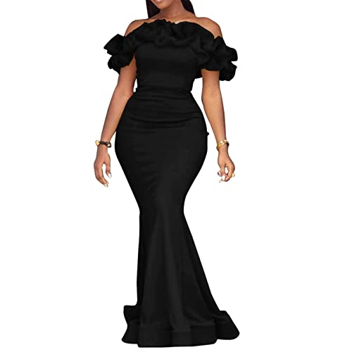 Cololura Sexy Floor-Length Off Shoulder Ruffles Stringy Selvedge Mermaid Bodycon Party Evening Maxi Dress Black
