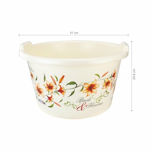 Image of Nayasa Deluxe Basin 19 LTR Plastic Utility Washing Tub | Printed Design | Strong, Lightweight Multipurpose Tub for Laundry, Cleaning & Household Use | no.200, Cream