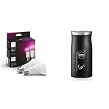 Philips Hue White and Colour Ambiance Smart Light Bulb 2 Pack 75W - 1100 Lumen & Lavazza A Modo Mio Milk Easy Frother, for Milk-Based Recipe, Black