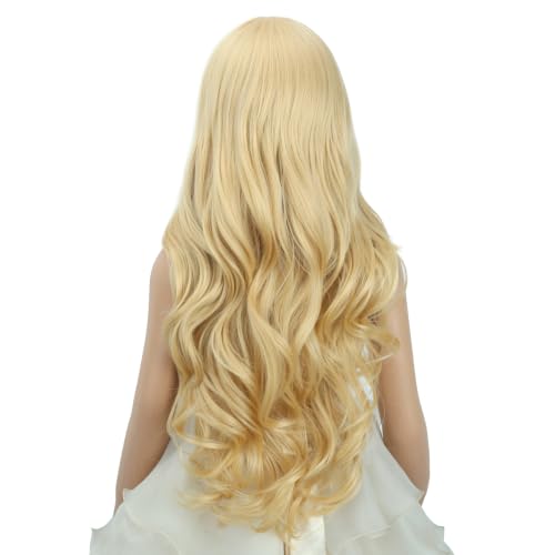 Image of Girls Light Blonde Wig Kids Long Mixed Blonde Wavy Curly Wig Girls Middle Part Wigs Heat Resistant Synthetic Wigs with Cap