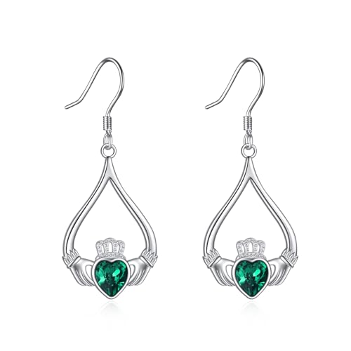 Boucles d'oreilles Claddagh en argent sterling et émeraude pour femme