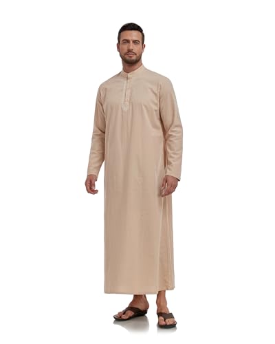 Jacansi Mens Button Down Robe Kaftan Thobe Casual Long Sleeve Cotton Linen Muslim Gown Thobes M-3XL2