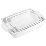 3-teilig Auflaufformen Set, Rechteckige Gratinform Keramik mit Griffen, Ofenfeste Lasagneform Weiß für Braten & Auflauf, Servierschale Backform 24/31/40 cm, Spülmaschinenfest