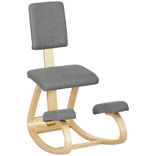HOMCOM Silla Ergonómica de Rodillas con Respaldo, Silla de Rodillas, Cojines Acolchados, Marco de Madera, para una Mejor Postura, Oficina, Gris