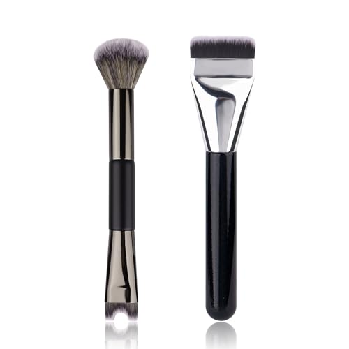 2pcs Nose Contour Brush Set - 2-In-1 U-Shaped & Fluffy Brush, Flat Foundation Concealer Makeup Brush - for Blush Highlight and Nose Sculpting and Defining.