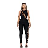 XLLAIS Sexy Buckle Jumpsuit For Women Sleeveless Cut Out One Piece Bodycon Party Club Rompers (Black