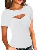 KTILG Sexy Cut Out Shirt for Women Knit Front Ruched Chest Tops Keyhole Top for Women Short Sleeve Club Shirts White M
