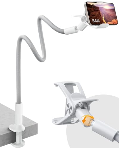SAIJI Support téléphone avec col de Cygne de, 95cm Support téléphone de Chevet Étui en Cuir amélioré Stable et Durable, Rotation 360° Réglable pour iPhone, Huawei, Switch, Samsung (Gris)