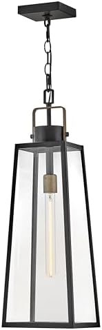 Lark Hugh Outdoor Large Hanging Lantern, Clear Glass, Aluminum, Black Finish with Burnished Bronze Accent