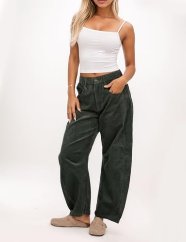 Womens Vintage Corduroy Mid-Rise Barrel Pants Elastic Waist Wide Leg Baggy Pants Trendy Casual Trouser4