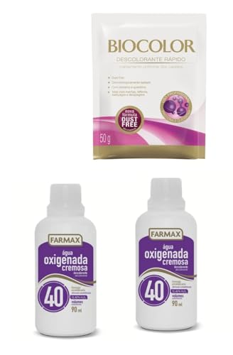Agua Oxigenada Cremosa Descolorante Volume 40 | Pack of 2x90ml | Brazilian Cream Peroxide + Descolorante Rápido com Queratina Biocolor 50g | Hair Lightening Powder | Brazil in Texas | Bundle