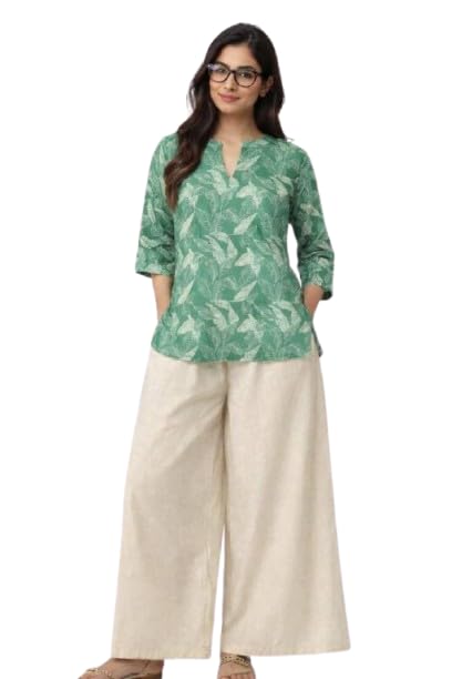 Women's Leaf Print Coord Set, Green, 3/4 Sleeve Top with Wide-Leg Palazzo Pants (xxl)-picture-12
