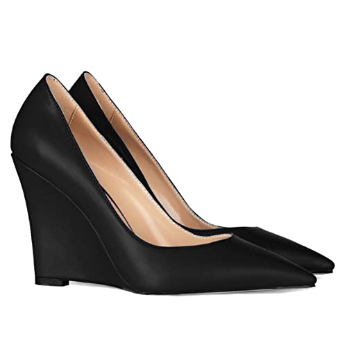 MOOMMO High Heel Wedge Pumps for Women Pointed Toe Slip On Matte Patent Leather Closed Toe 4 Inch Wedge Heels Dress Sandals Shoes Arch Support Comfortable for Office Ladies Party Wedding 4-12 M US
