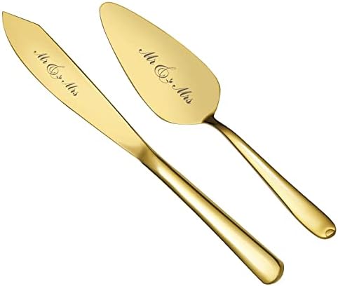 AW BRIDAL Gold Cake Cutting Set for Wedding, Mr Mrs Wedding Cake Knife Cake Pie Pastry Servers for Wedding, Birthday, Parties and Events