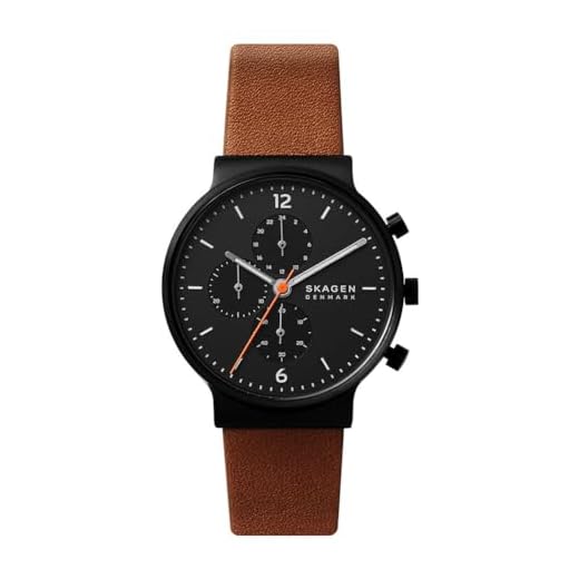 Skagen Reloj para hombre Ancher Cronógrafo, movimiento cronógrafo de cuarzo, caja de 40 mm de acero inoxidable reciclado medianoche (al menos el 50%) con correa de piel ecológica, SKW6767