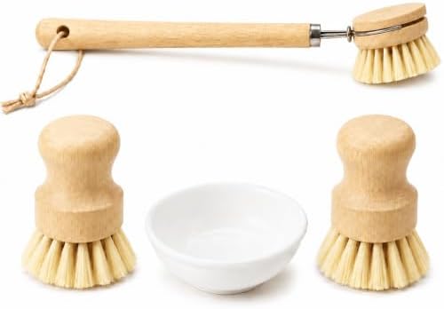 4-Piece Dish Brush Set with Ceramic Holder, Natural Bristles