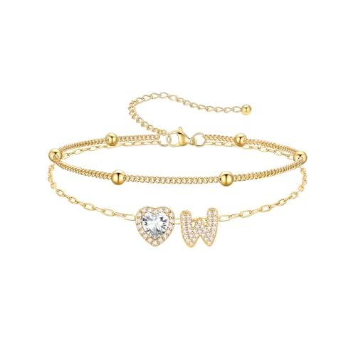 PROSTEEL A-Z Initial Ankle Bracelets for Women Waterproof, Layered Chain Anklet Stainless Steel Summer Beach Anklets, Silver/Gold 8.5-10.5 Inch Adjust