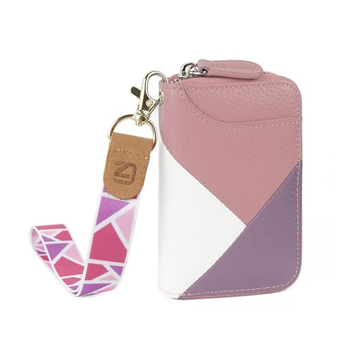 Credit Card Holder Wallet Zip Leather Card Case RFID Blocking Ladies Small Blocked Accordion Wallets with Stainless Steel Zipper Compact Accordian ID Cards Bag with Wrist Lanyard (Pink/ Purple/ White)