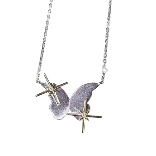 Image of Shurhome Four Pointed Star Butterfly Necklace Modern Minimalist Collarbone Chain with Brushed Alloy Finish for Women Four Point Star Butterfly Necklace